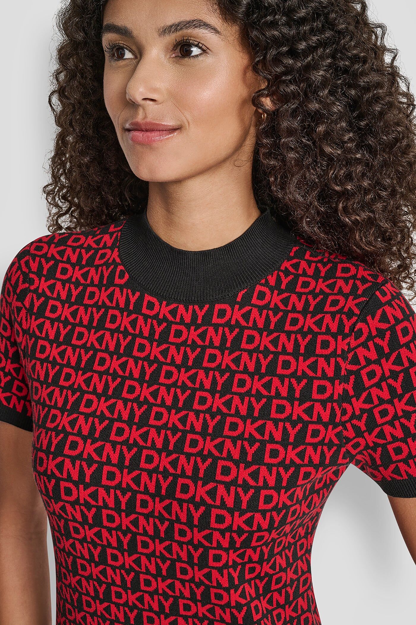 [S] DKNY BK/CITY CRIMSON LOGO JACQUARD BALLET SLEEVE MOCK NECK SHORT DRESS, DJ5R0911-ODD (SD1841)