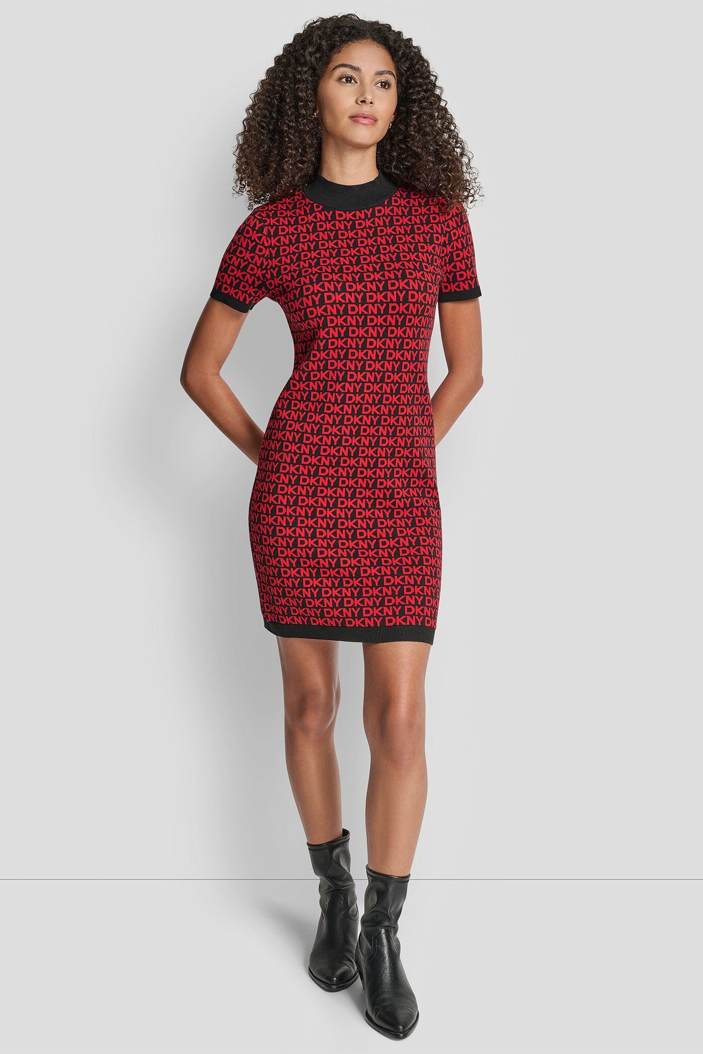 [S] DKNY BK/CITY CRIMSON LOGO JACQUARD BALLET SLEEVE MOCK NECK SHORT DRESS, DJ5R0911-ODD (SD1841)