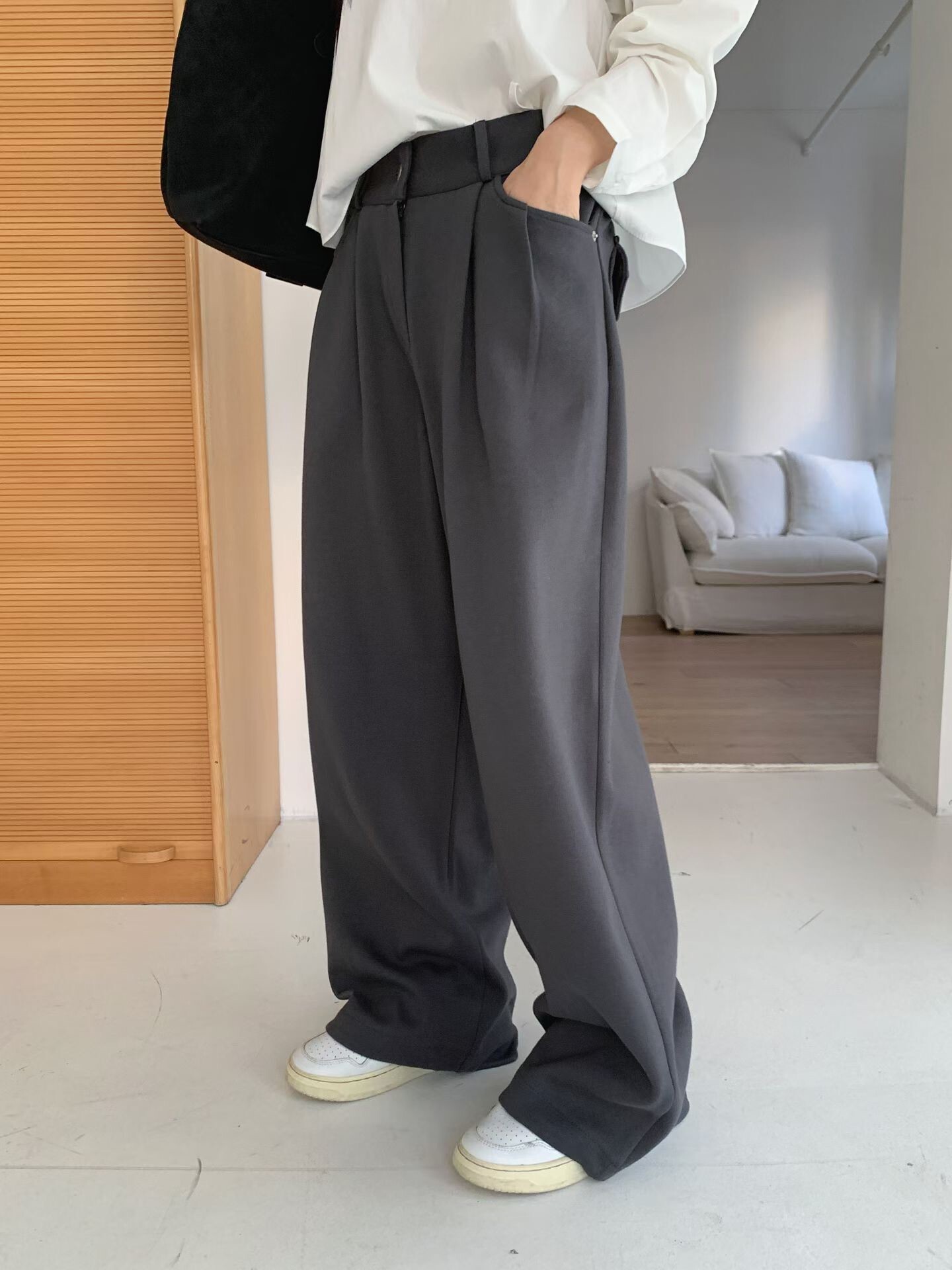 口袋壓褶全棉西褲