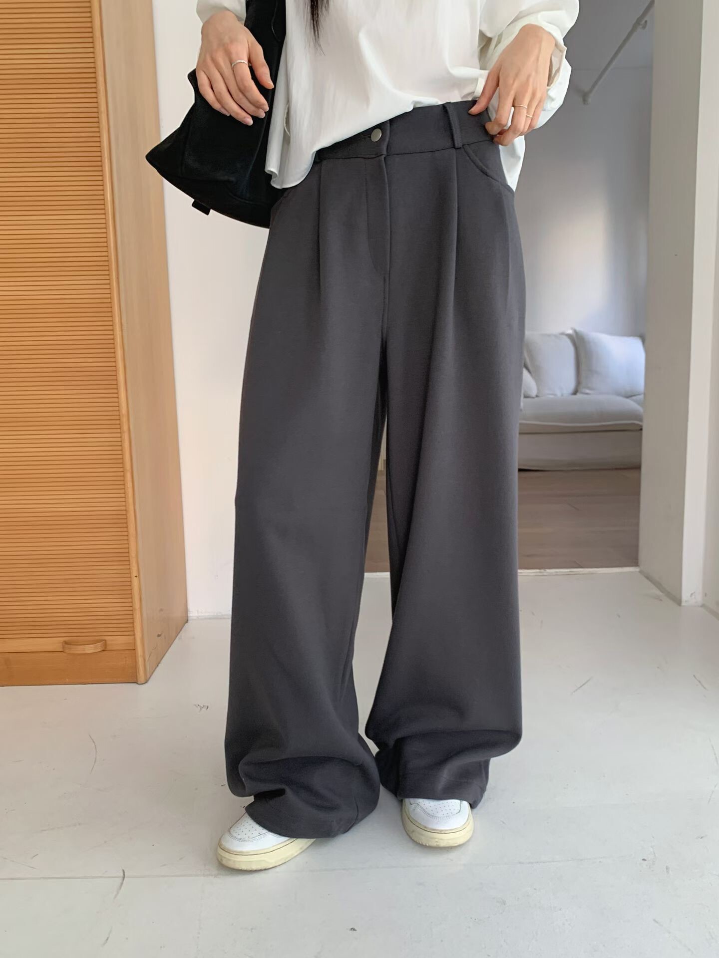 口袋壓褶全棉西褲