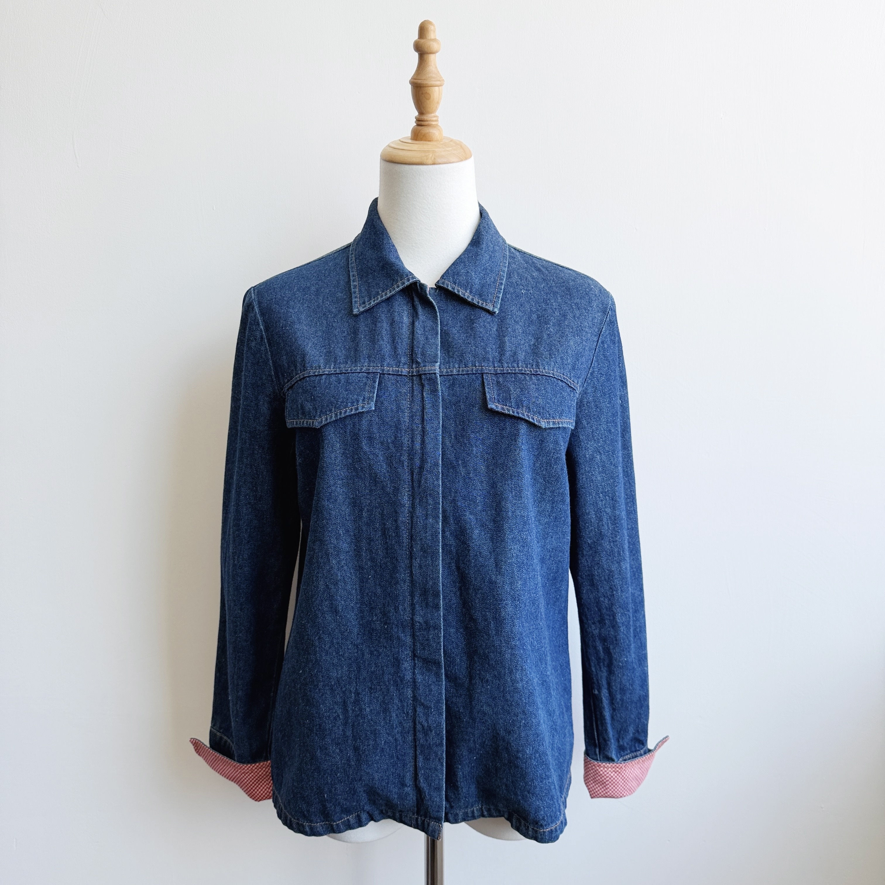 紅格袖趣牛仔上衣