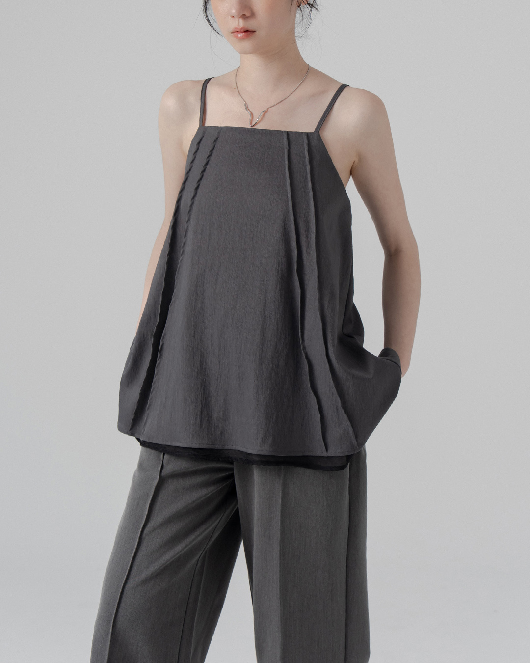 Sheer fabric with strappy textured spaghetti strap vest - grey【01099407】in stock+pre-order