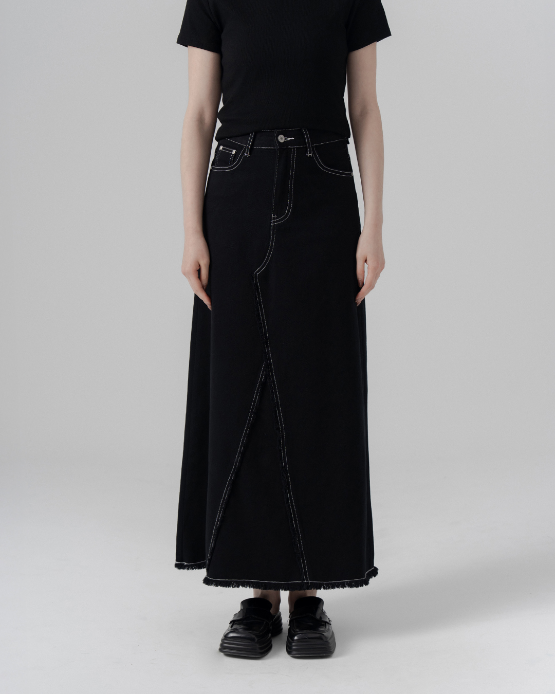 Color-blocked, quilted, fringed, twill maxi skirt - black S/M/L【03021754】in stock+pre-order