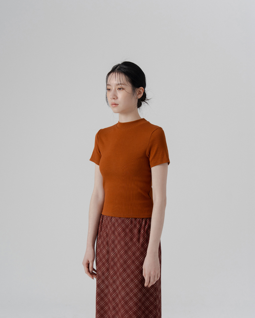 Short-sleeved top with stand-up collar and ribbed trim - Orange【01099691】in stock+pre-order