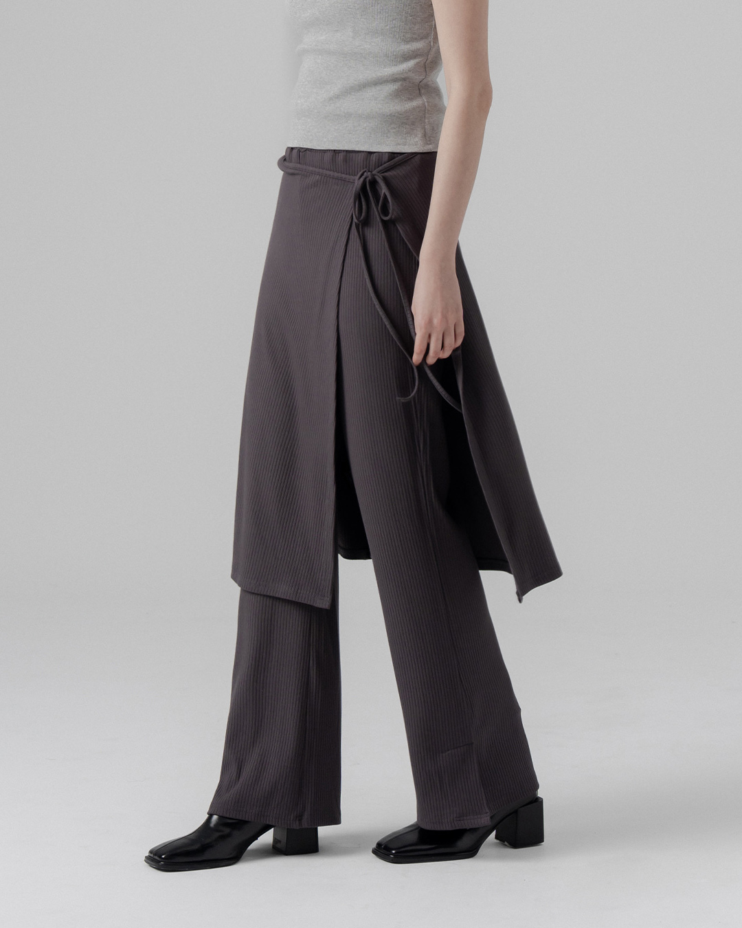 Textured Ribbed Two-Piece Elastic Skirt Trousers - Gray S/M【04070071】in stock+pre-order