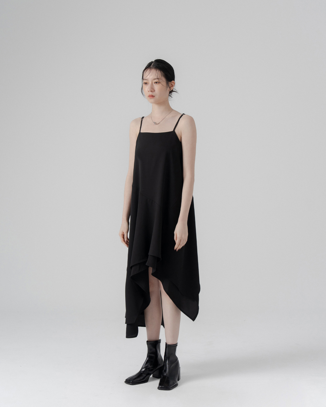 Asymmetrical hem design, spaghetti strap short dress - black【01087264】in stock+pre-order