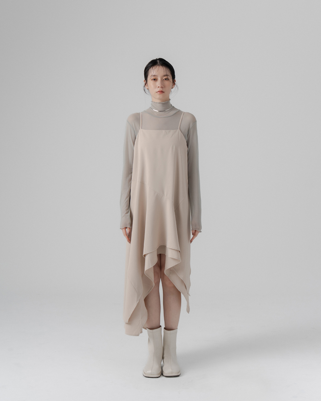 Asymmetrical hemline design, spaghetti strap mini dress - apricot gray【01087263】in stock+pre-order