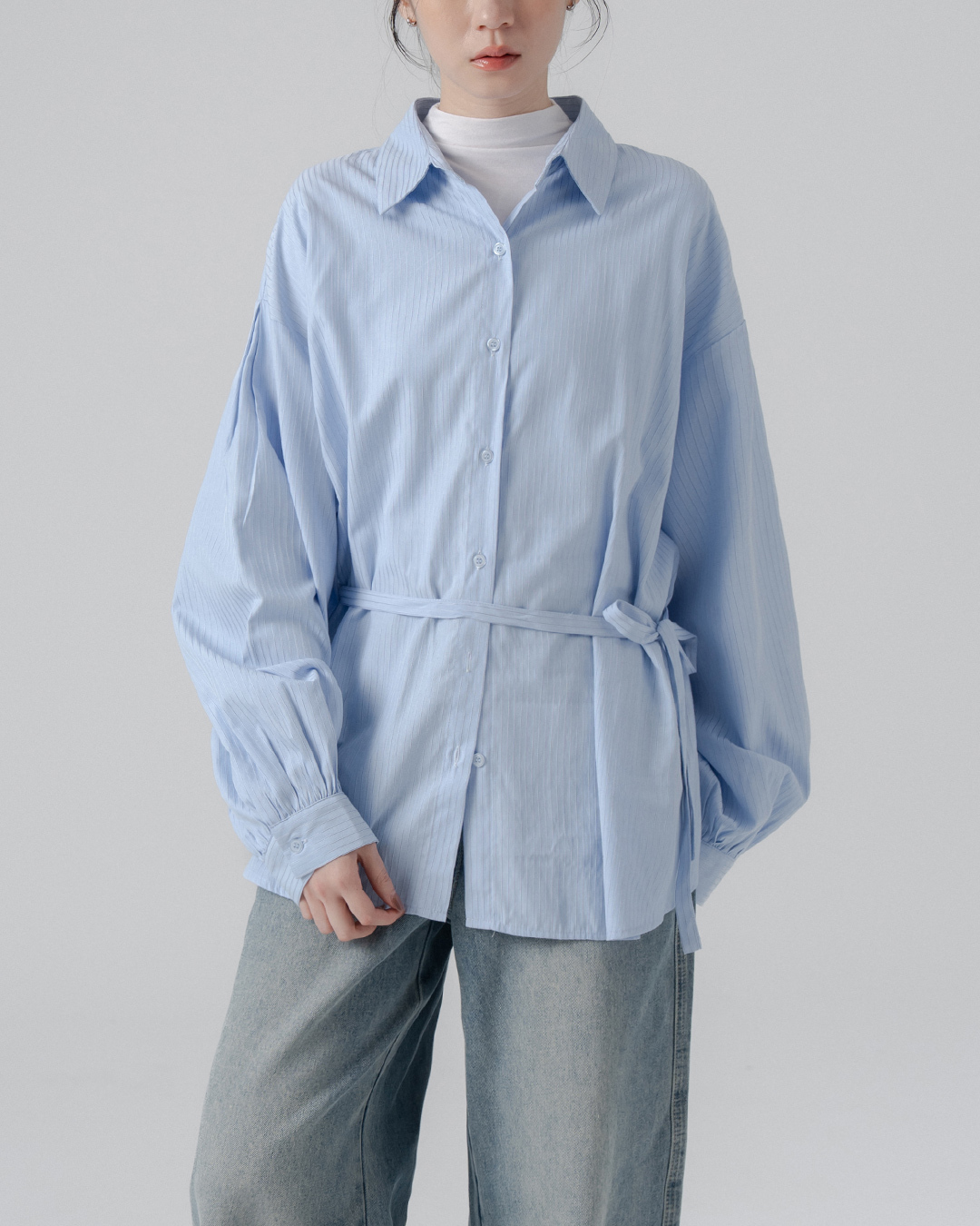 Blue striped pleated shirt with tie detail【01025775】in stock+pre-order