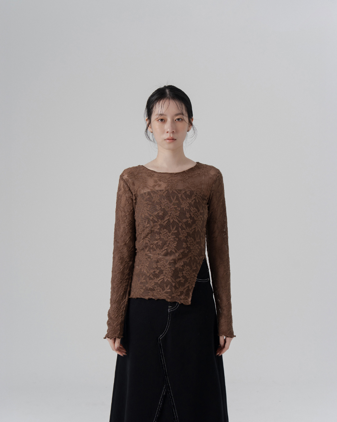 3D lace jacquard openwork side-gathered top - coffee【01099380】in stock+pre-order