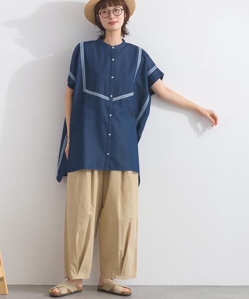 LN 牛仔布前褶襉蕾絲方領襯衫