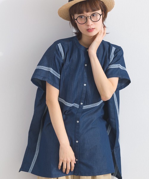 LN 牛仔布前褶襉蕾絲方領襯衫