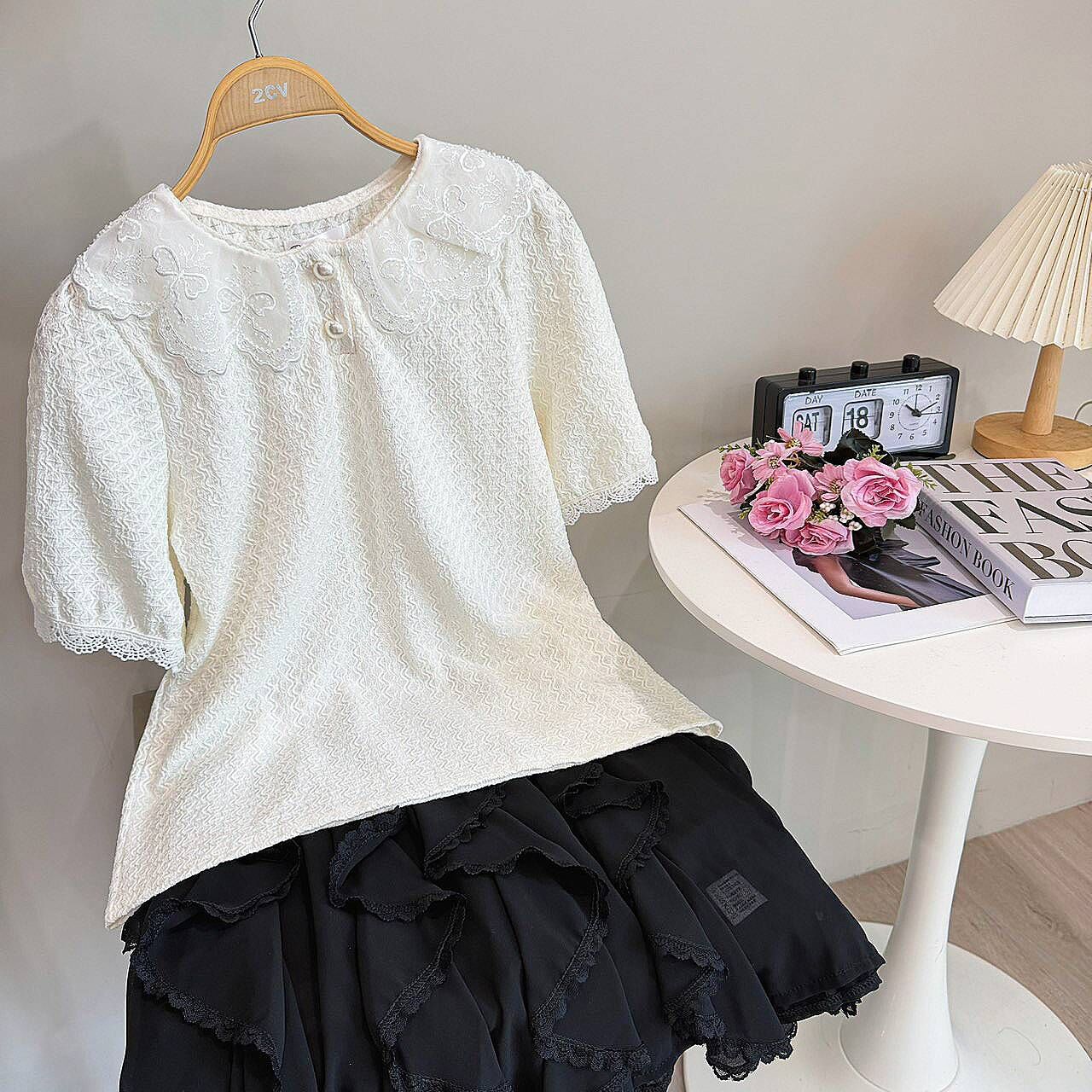 A8147-網紗領波浪壓紋雪紡上衣