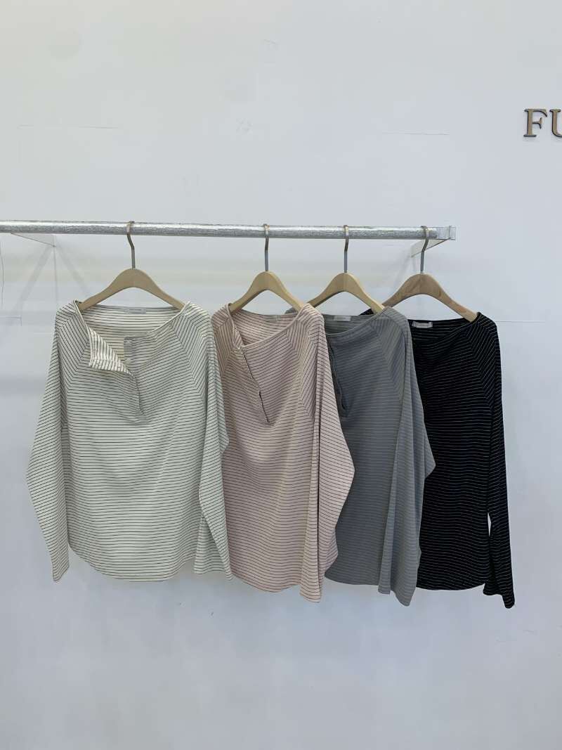 FP6024 一字肩長袖條紋T