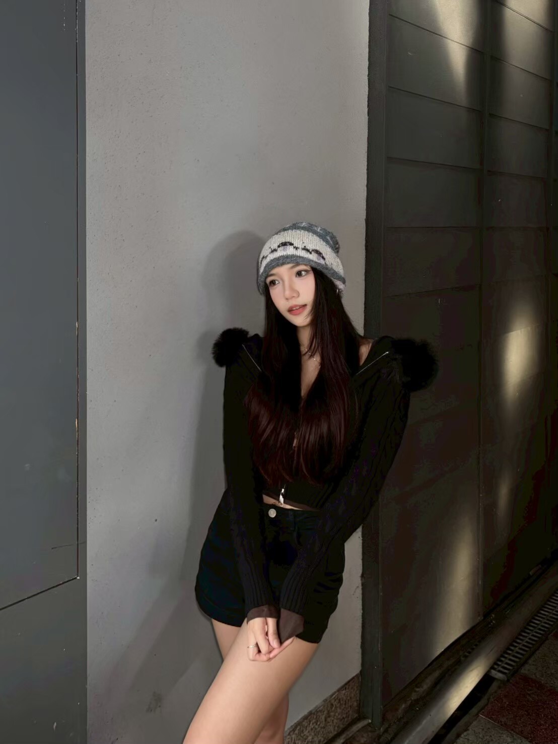 韓系修身針織毛領拉鍊外套