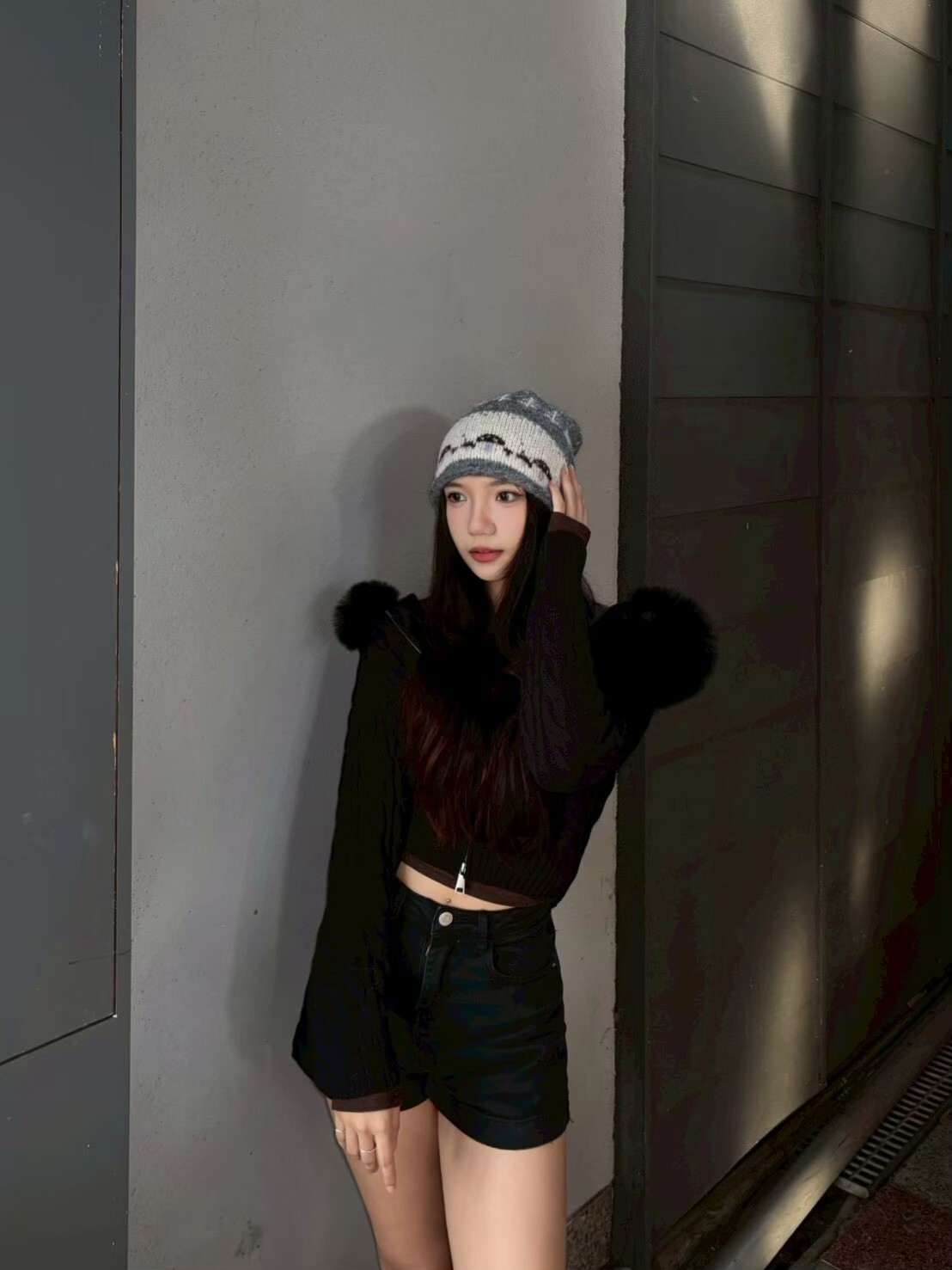 韓系修身針織毛領拉鍊外套