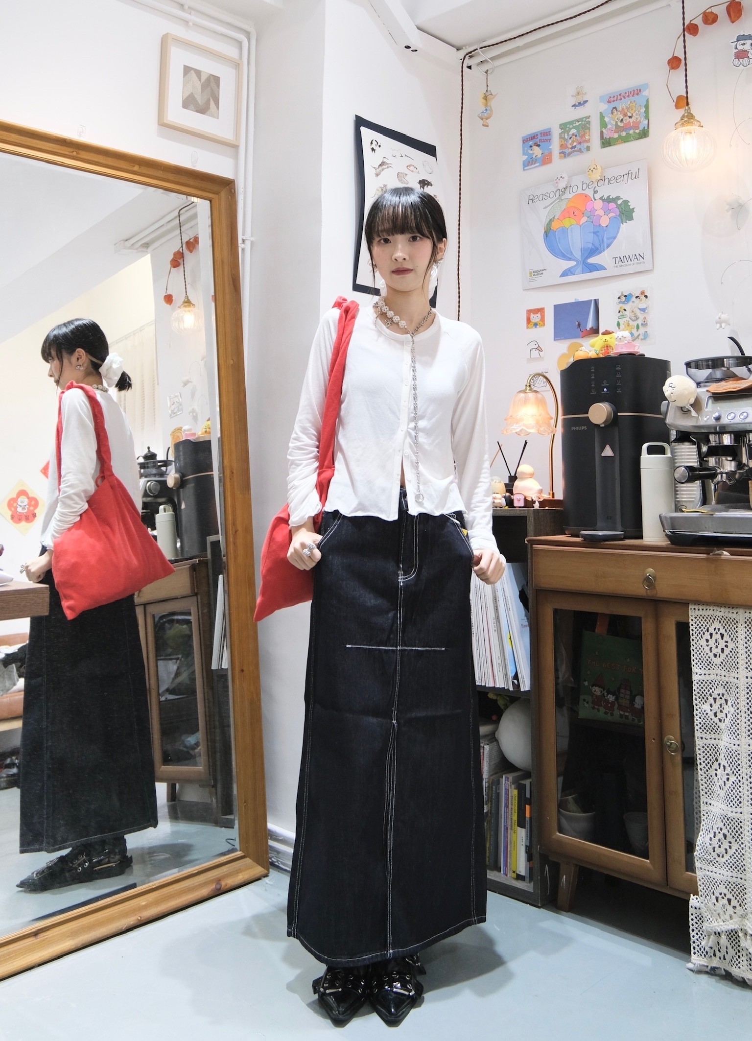 明線前開叉牛仔SK