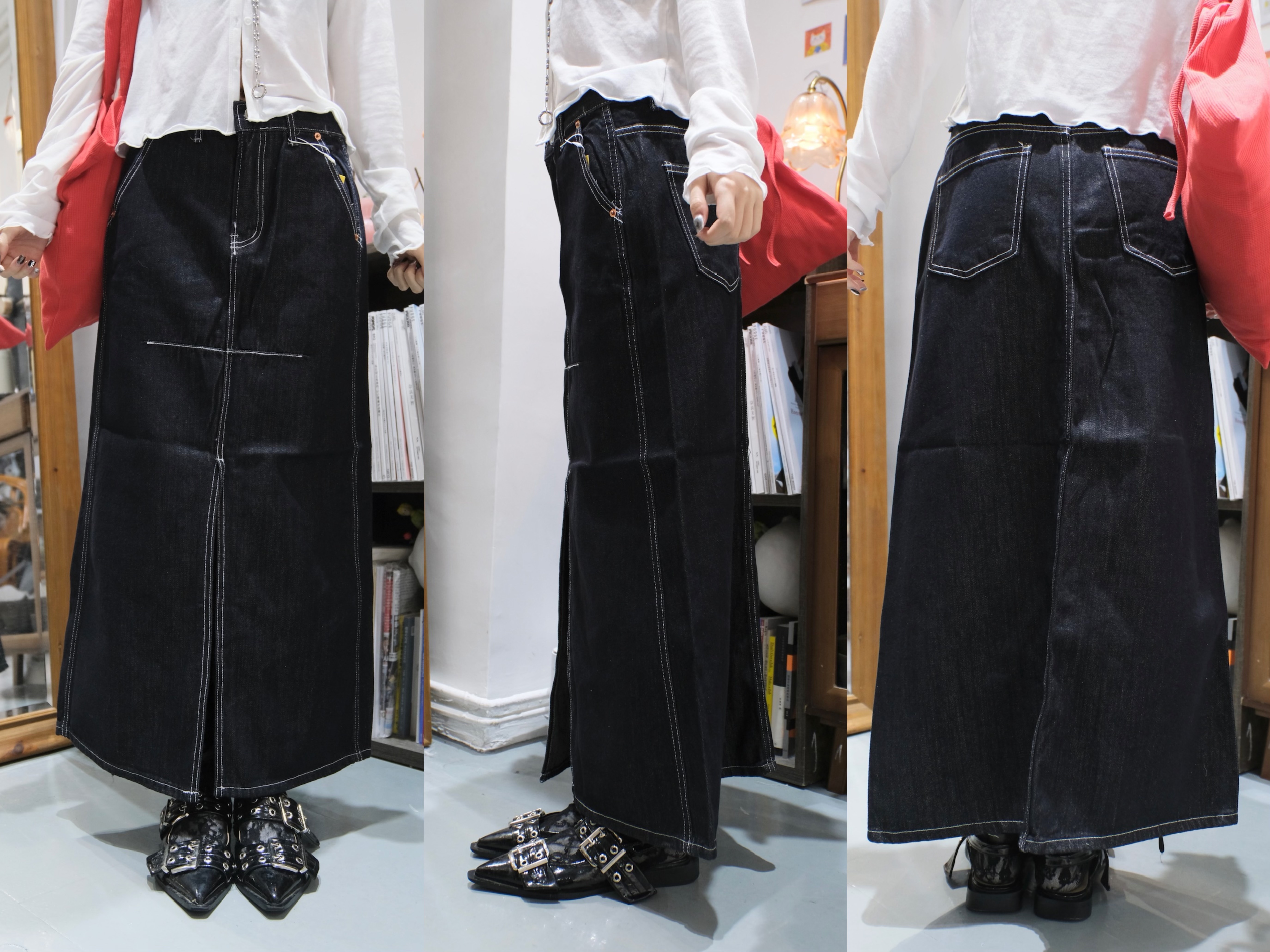 明線前開叉牛仔SK