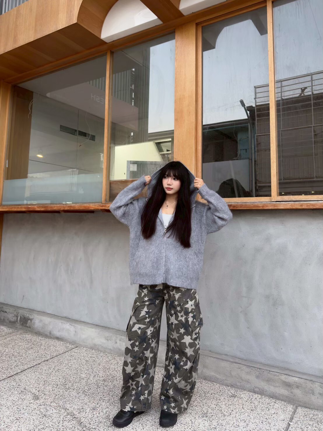 復古 寬鬆針織連帽外套