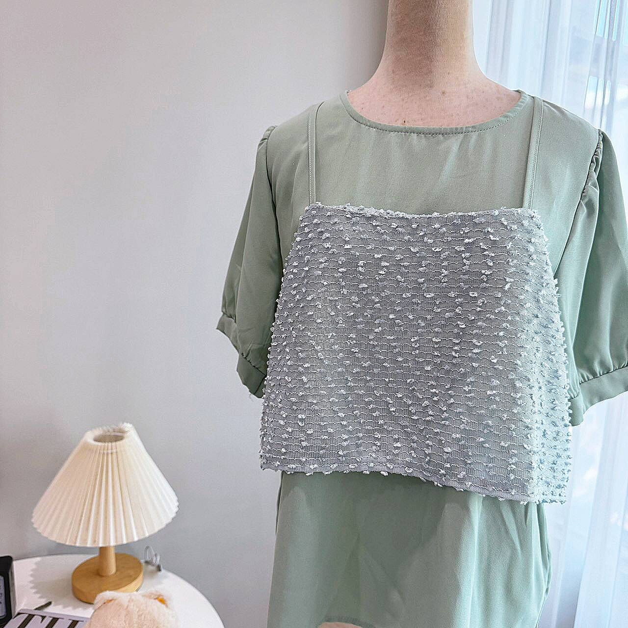 A8240-點點鬚鬚假2件雪紡上衣