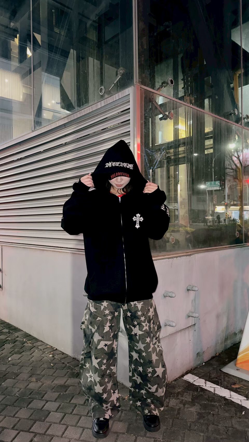 美式 復古 歌德刺繡 華夫格連帽外套