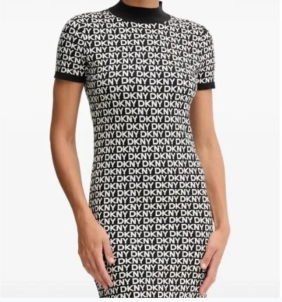 [S] DKNY BLACK/EGGNOG LOGO JACQUARD BALLET SLEEVE MOCK NECK SHORT DRESS, DJ5R0911-2L5 (SD1817)