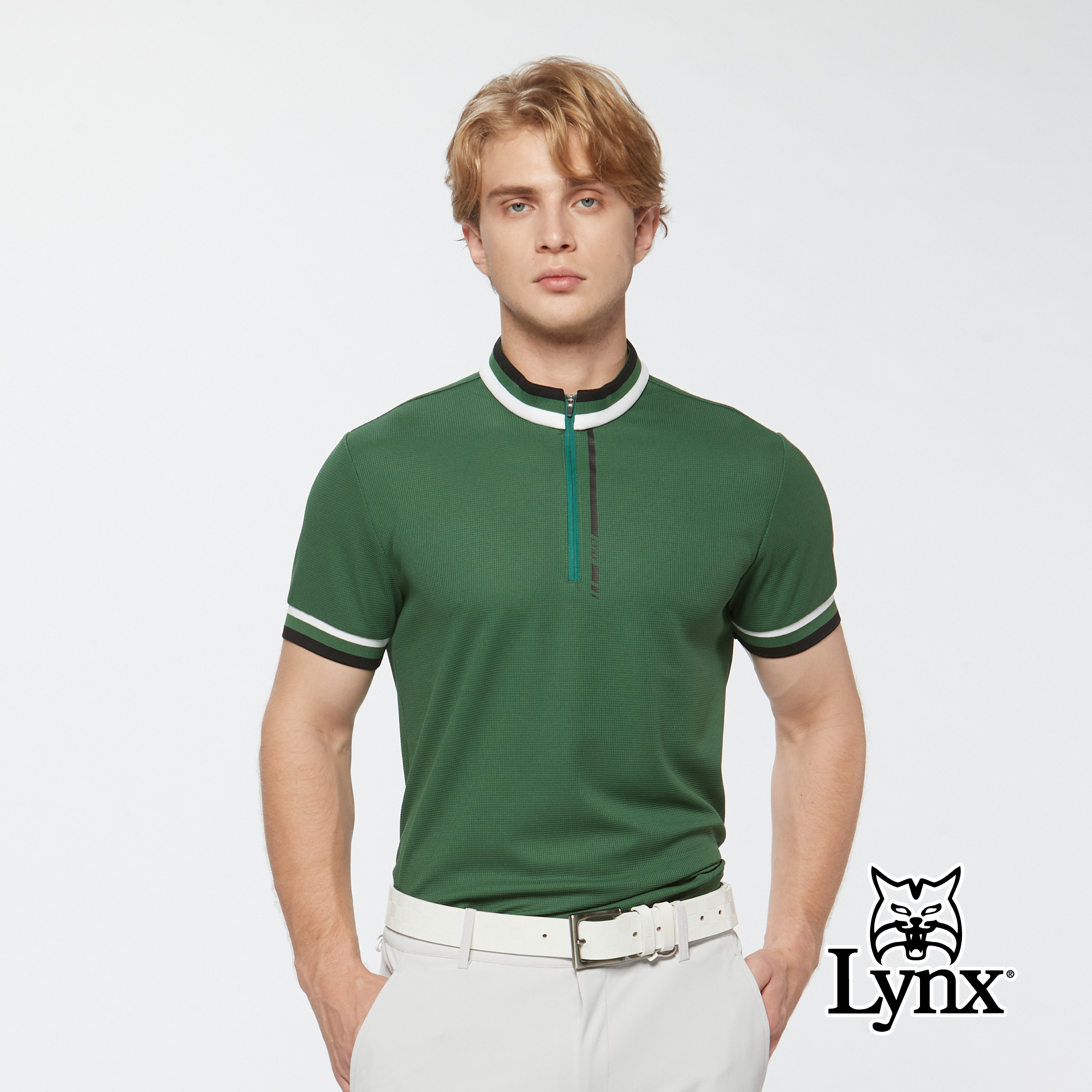 男款吸濕排汗雙面格子布合身版立領短袖POLO衫