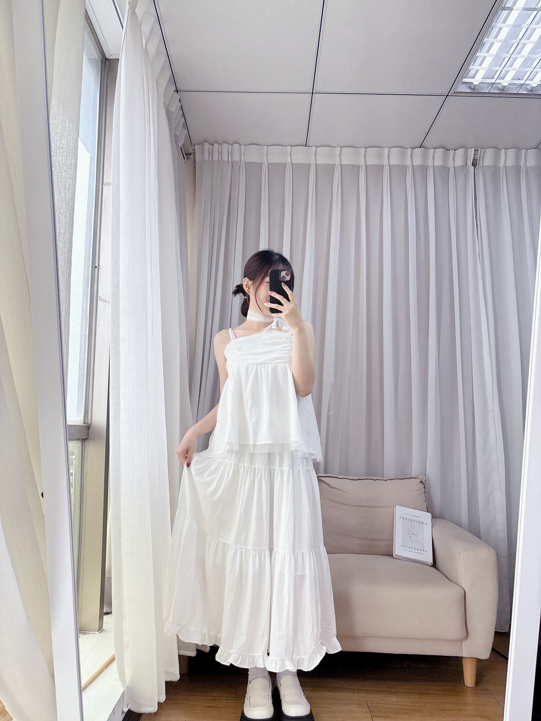 抓皺雙層網紗背心(附綁帶)