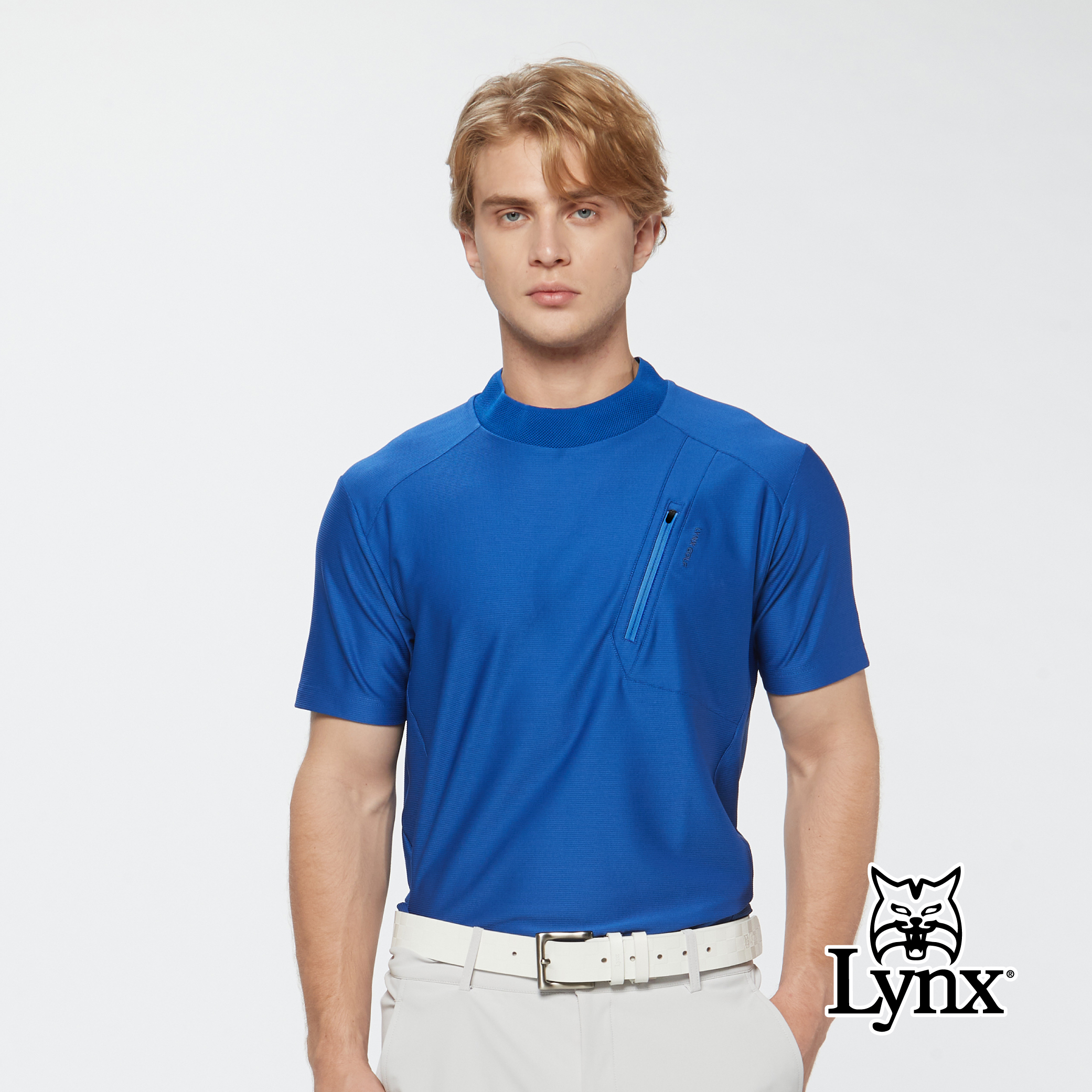 男款吸排內印涼感拉鍊胸袋設計立領短袖POLO衫