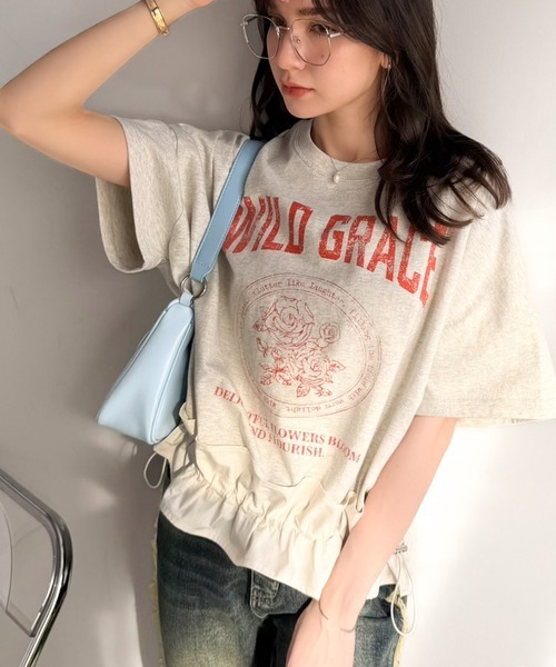 日本🇯🇵連線 mily bilet 裙擺抽繩荷葉邊印花T恤 寬鬆 休閒 荷葉邊 抽繩 短袖 T恤 4色(任買兩件711免運)/預購