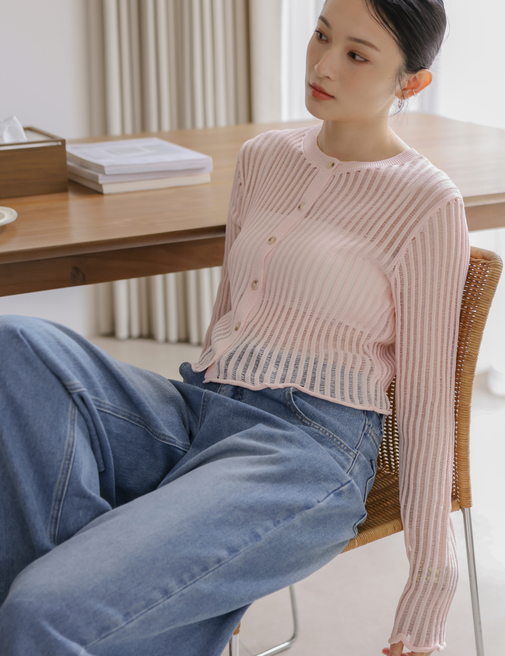 排扣簍空針織上衣（粉紅色/3尺寸）