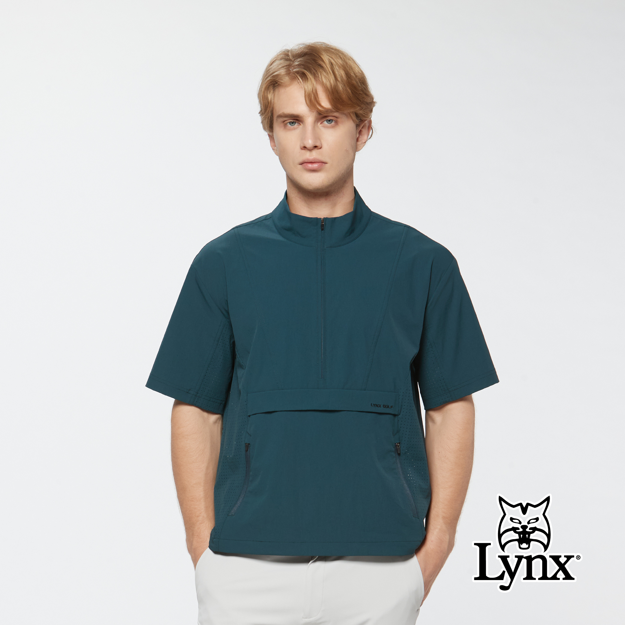 男款防潑水四面彈雙線格半開襟短袖上衣