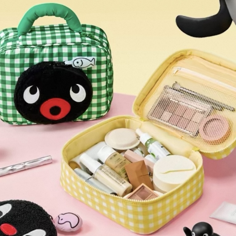 PINGU 企鵝家族 收納化妝包 手提 可拆式 格紋 大容量