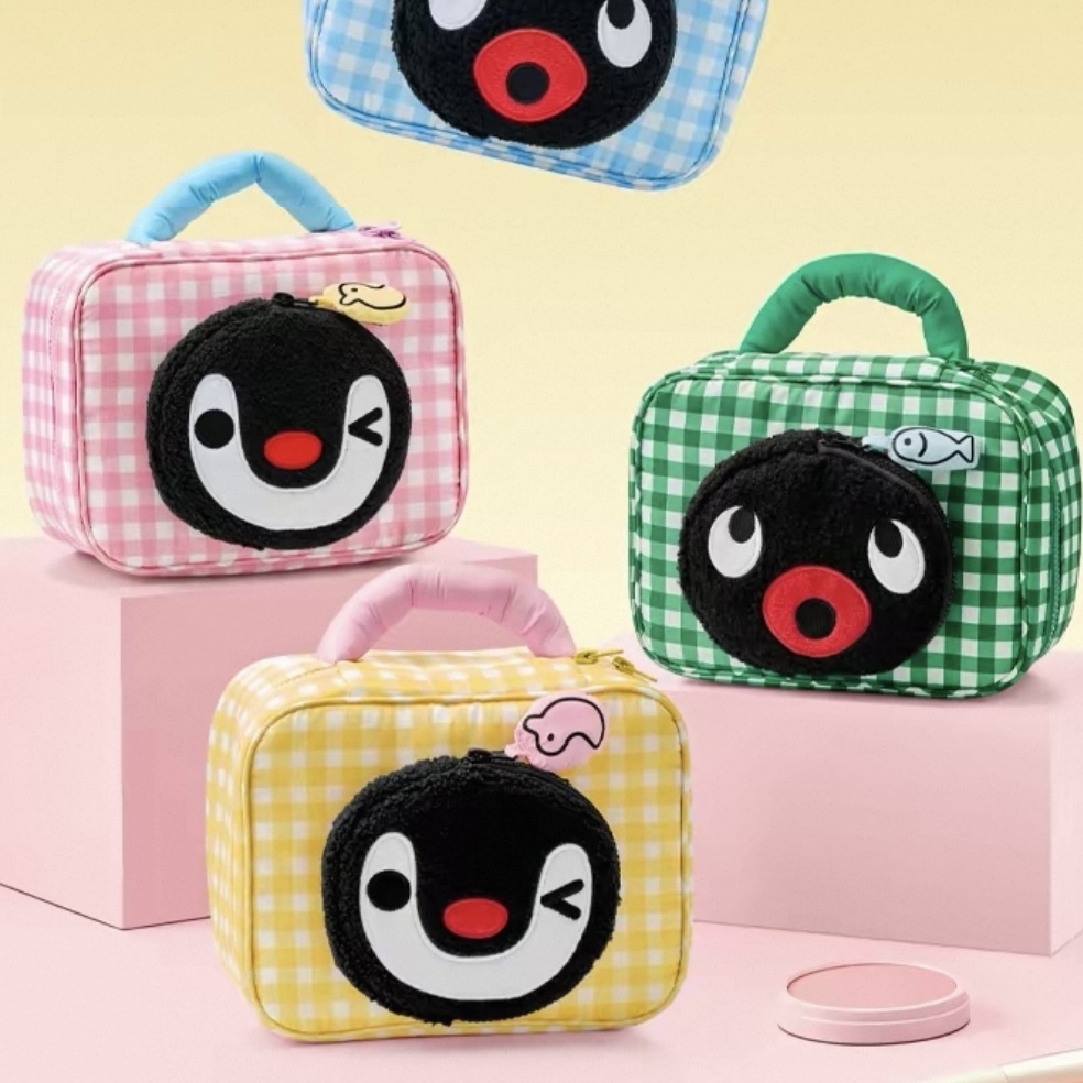 PINGU 企鵝家族 收納化妝包 手提 可拆式 格紋 大容量