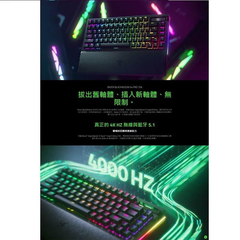 Razer 雷蛇 黑寡婦蜘蛛無線鍵盤 V4 Pro 75%英文 無線熱插拔鍵盤/RZ03-05130100-R3M1