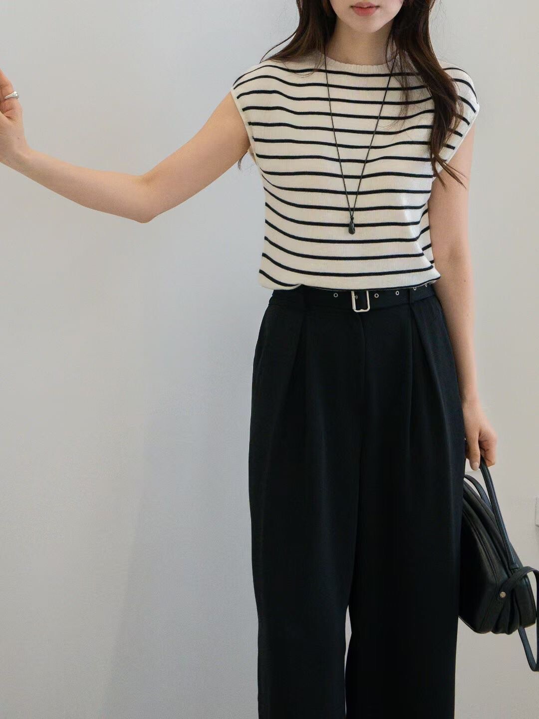 配色條紋落肩背袖針織背心 / 2色