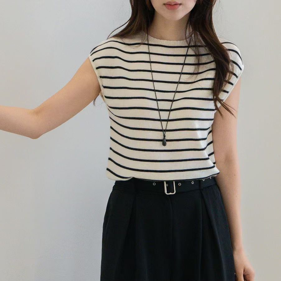 配色條紋落肩背袖針織背心 / 2色