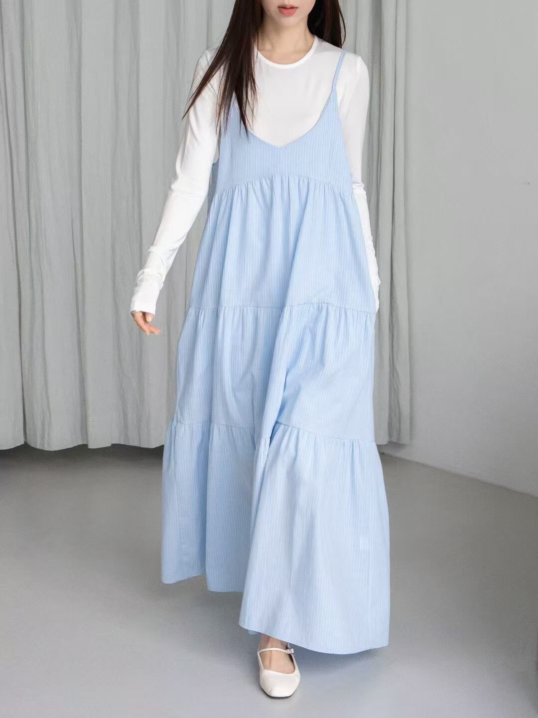 配色直條紋細肩帶蛋糕裙背心長洋裝 / 2色