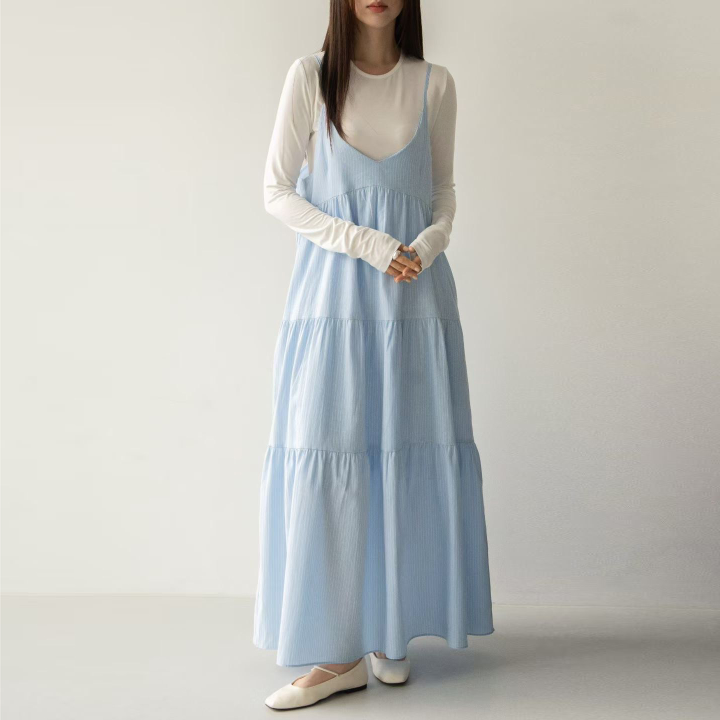 配色直條紋細肩帶蛋糕裙背心長洋裝 / 2色