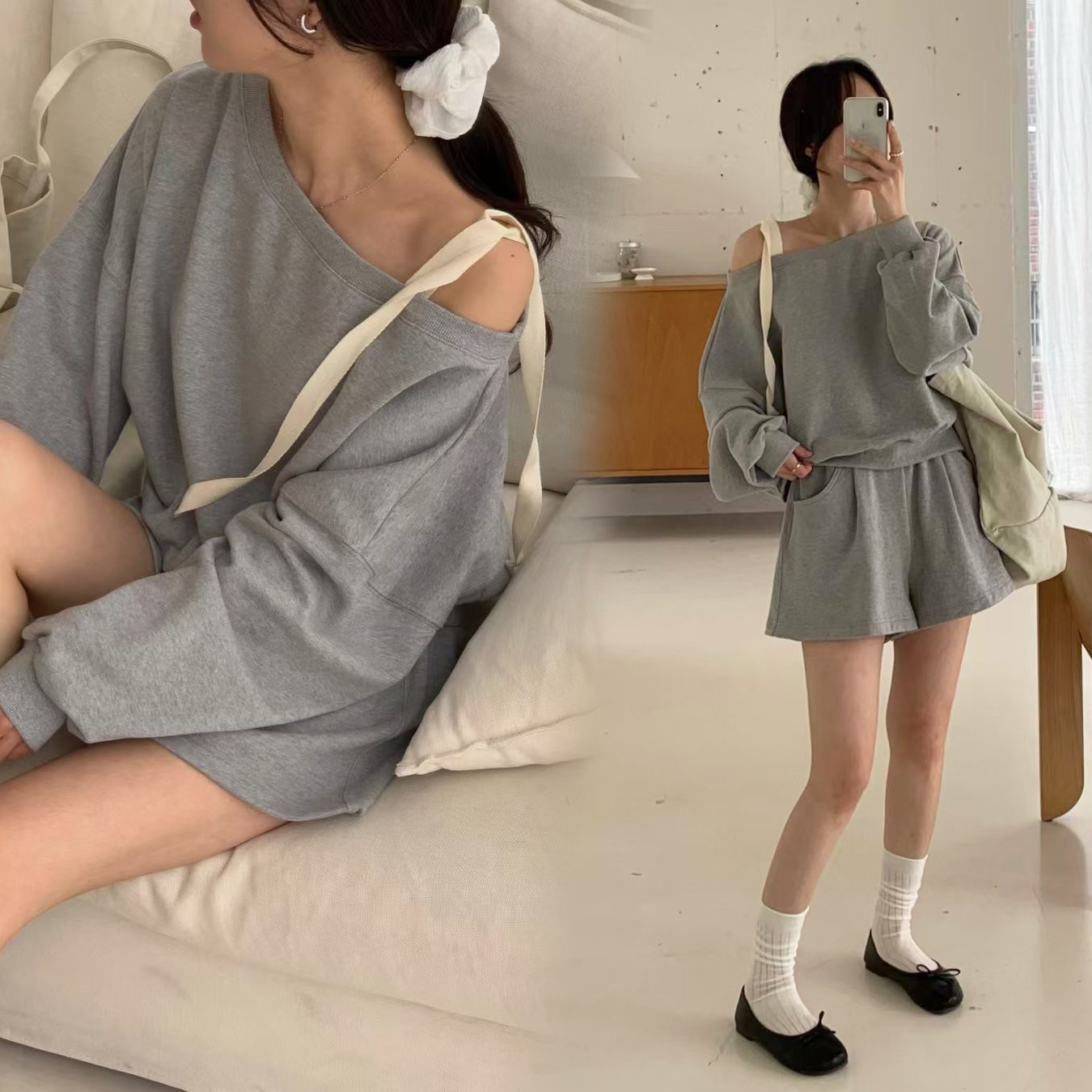 單邊露肩綁帶蝴蝶結造型大學TEE+短褲SET / 2色