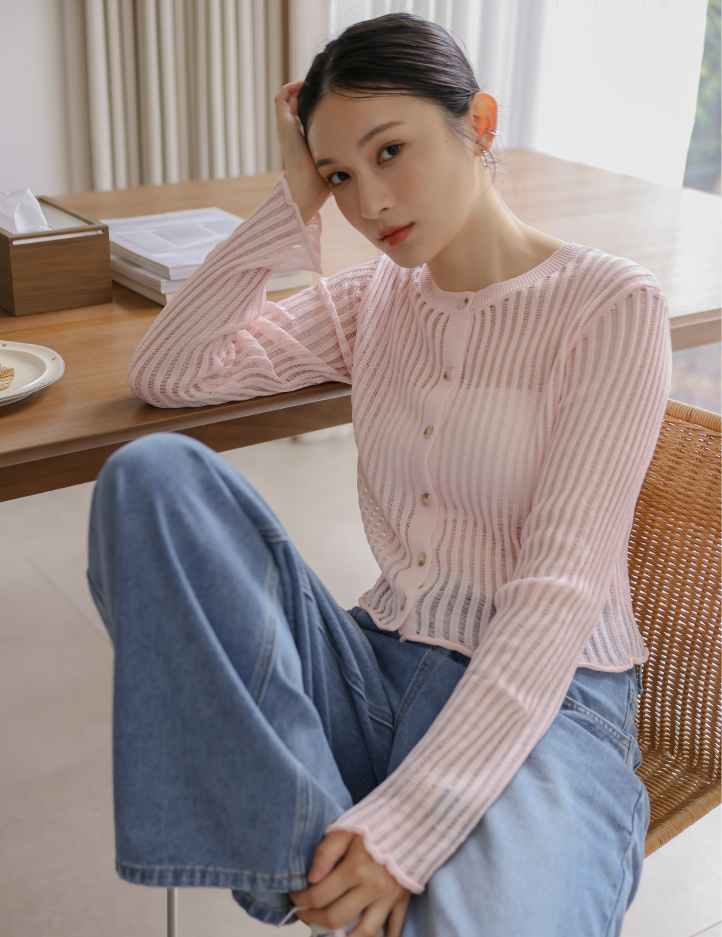 排扣簍空針織上衣（粉紅色/3尺寸）