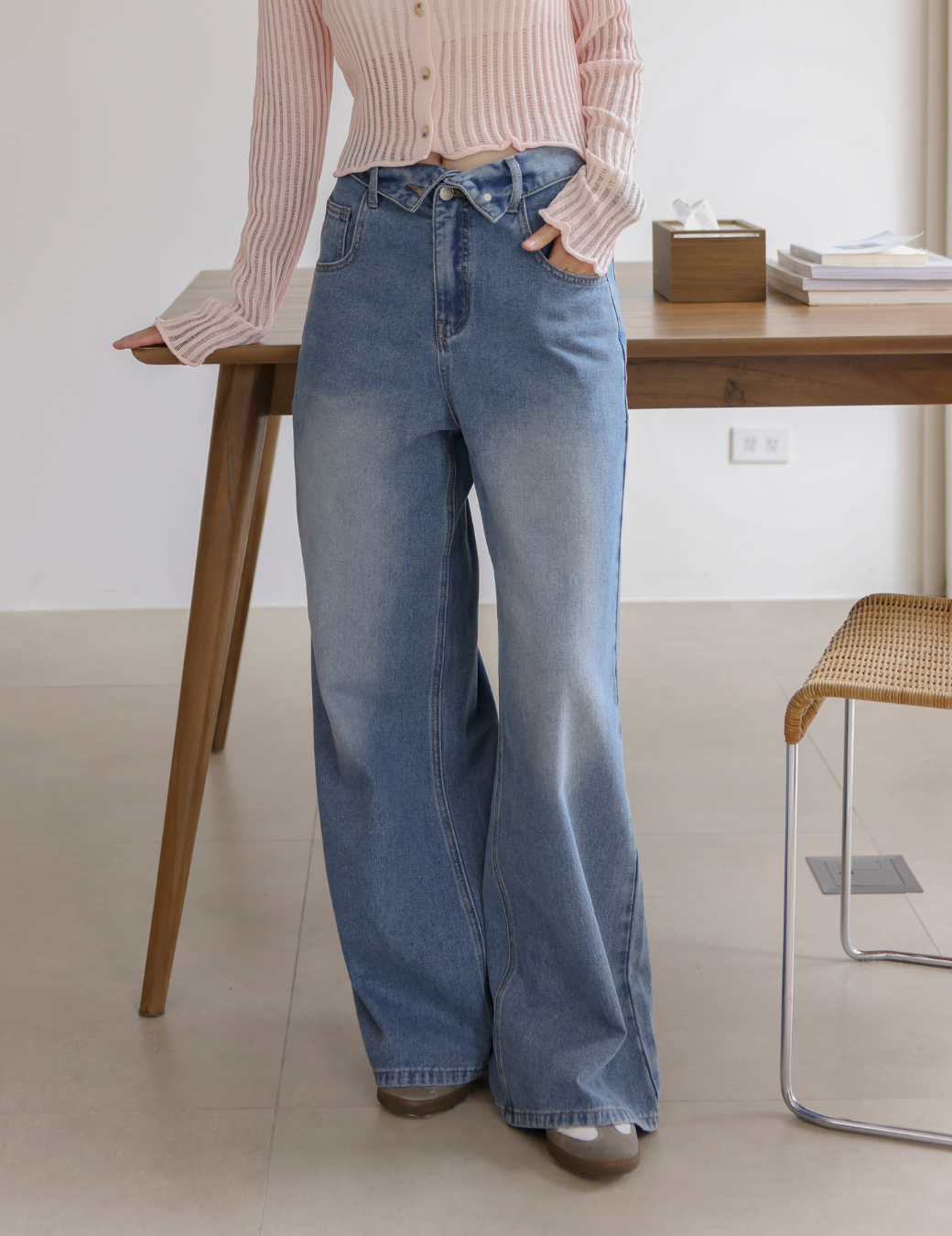 率性腰反摺牛仔寬褲（6尺寸）