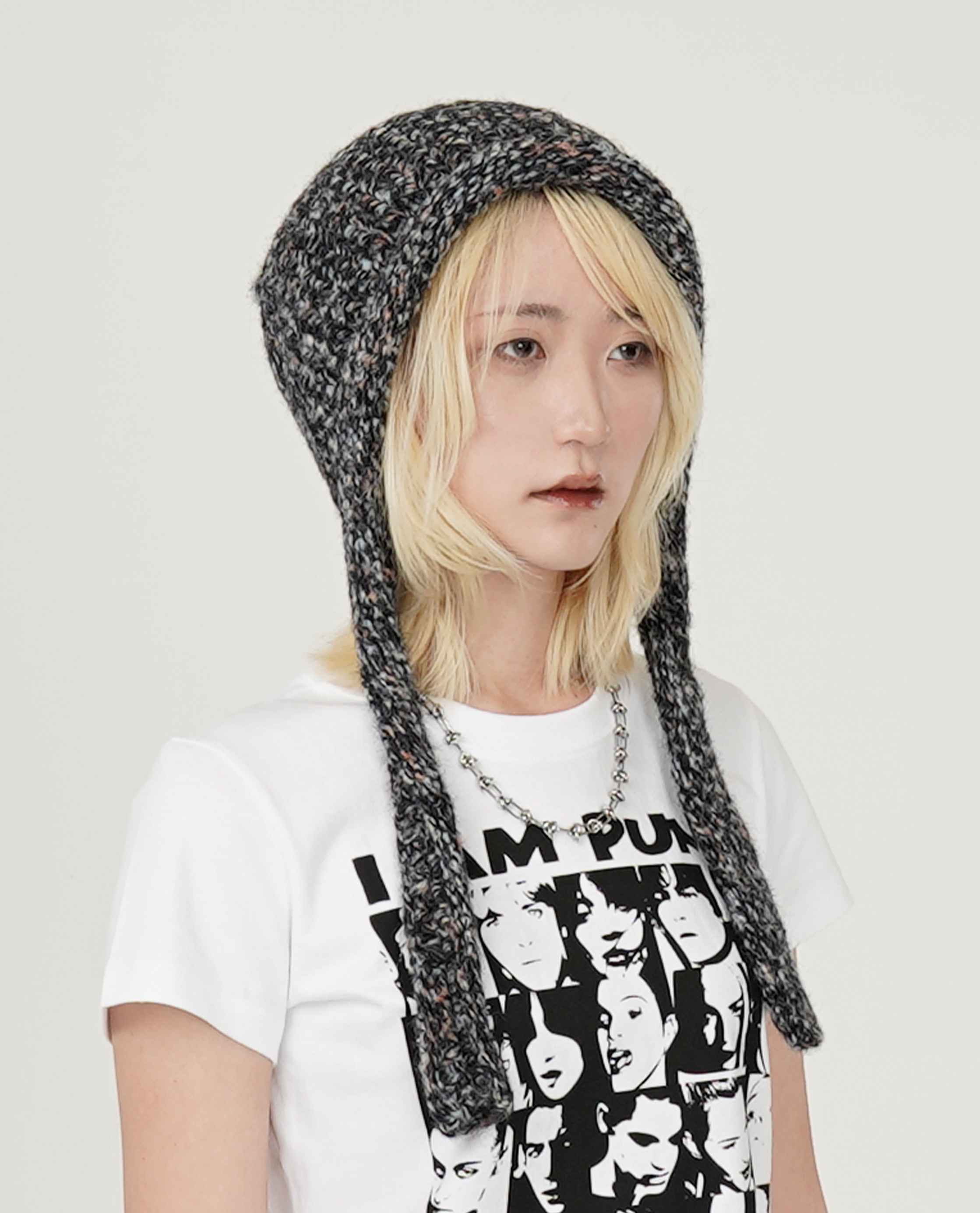 混色針織長耳毛帽