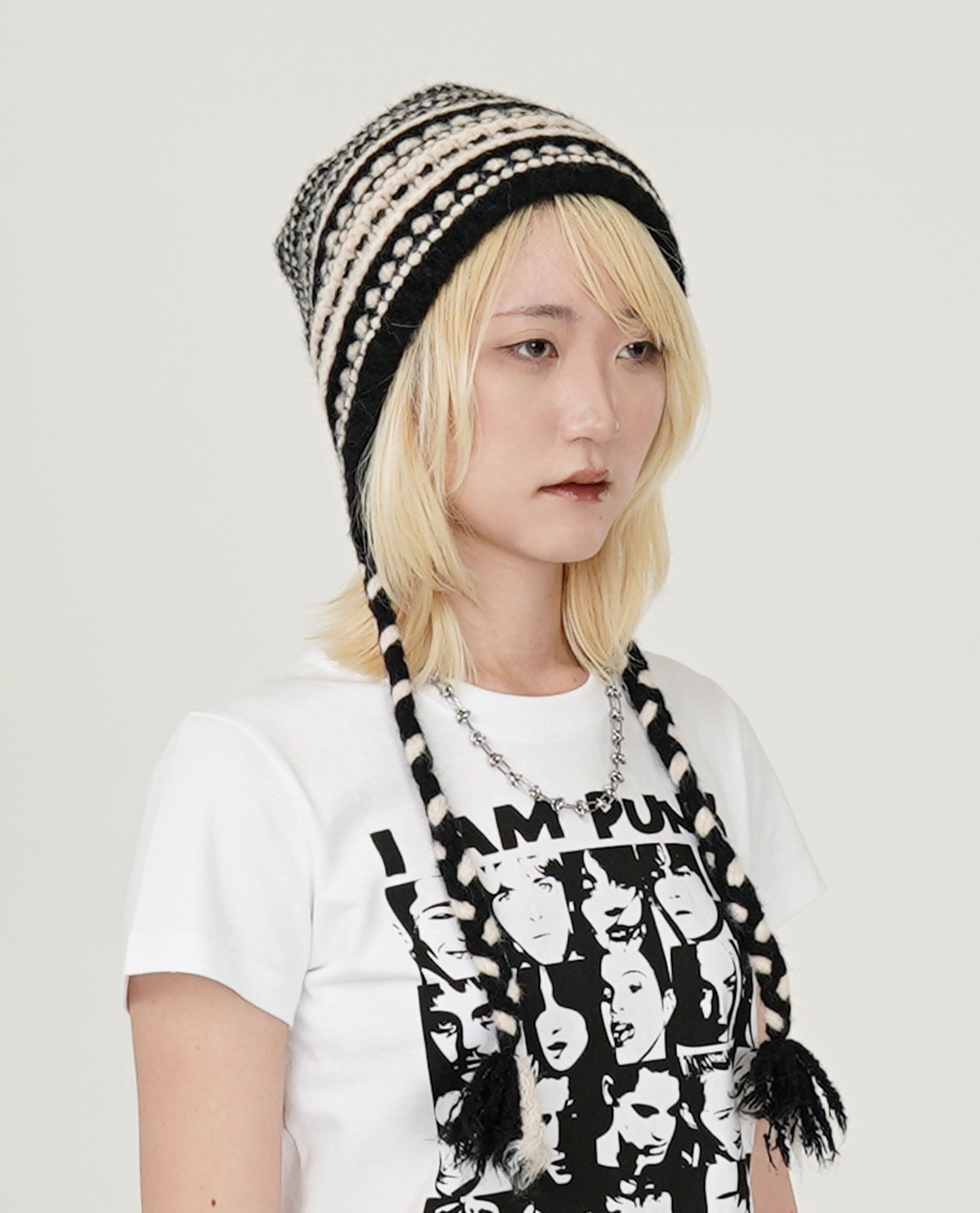 粗針織條紋長耳毛帽