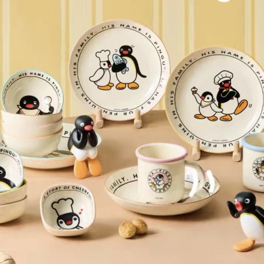 PINGU 企鵝家族 復古 陶瓷餐具 碗盤 餐具 四件套