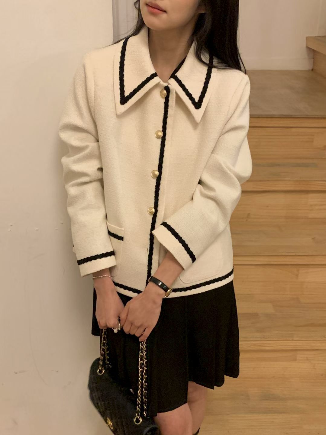 MN6010 拼色邊尖領Tweed外套