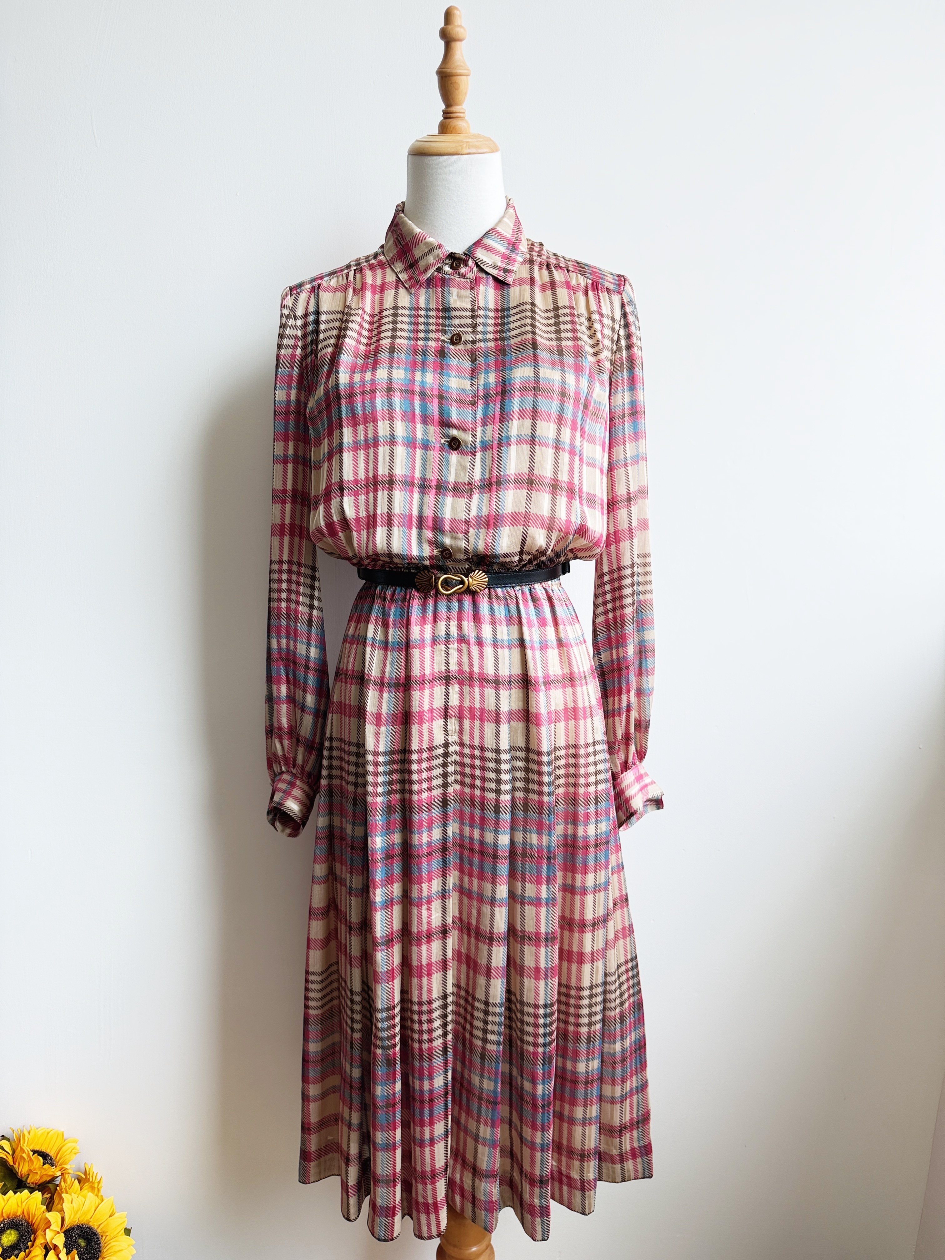 British preppy style pink plaid vintage dress