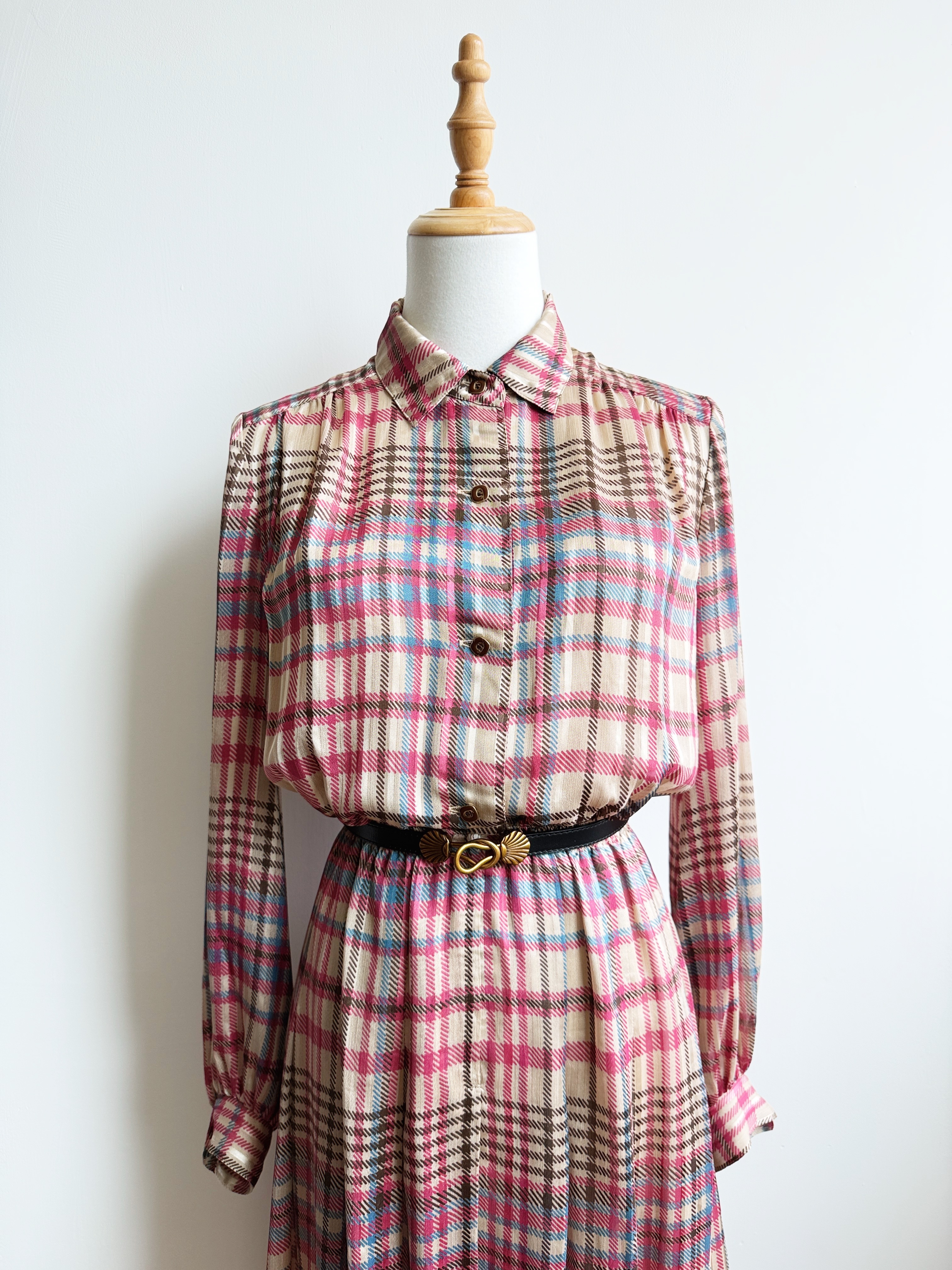 British preppy style pink plaid vintage dress
