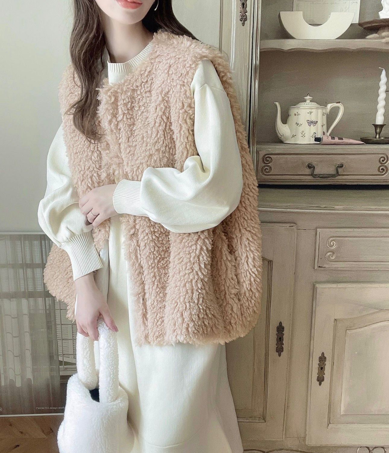 【預購】JN030618 JaVa 雙面穿 絎縫×泰迪熊毛絨背心（奶茶色)