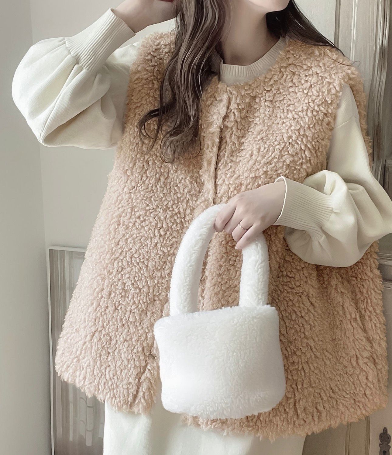 【預購】JN030618 JaVa 雙面穿 絎縫×泰迪熊毛絨背心（奶茶色)