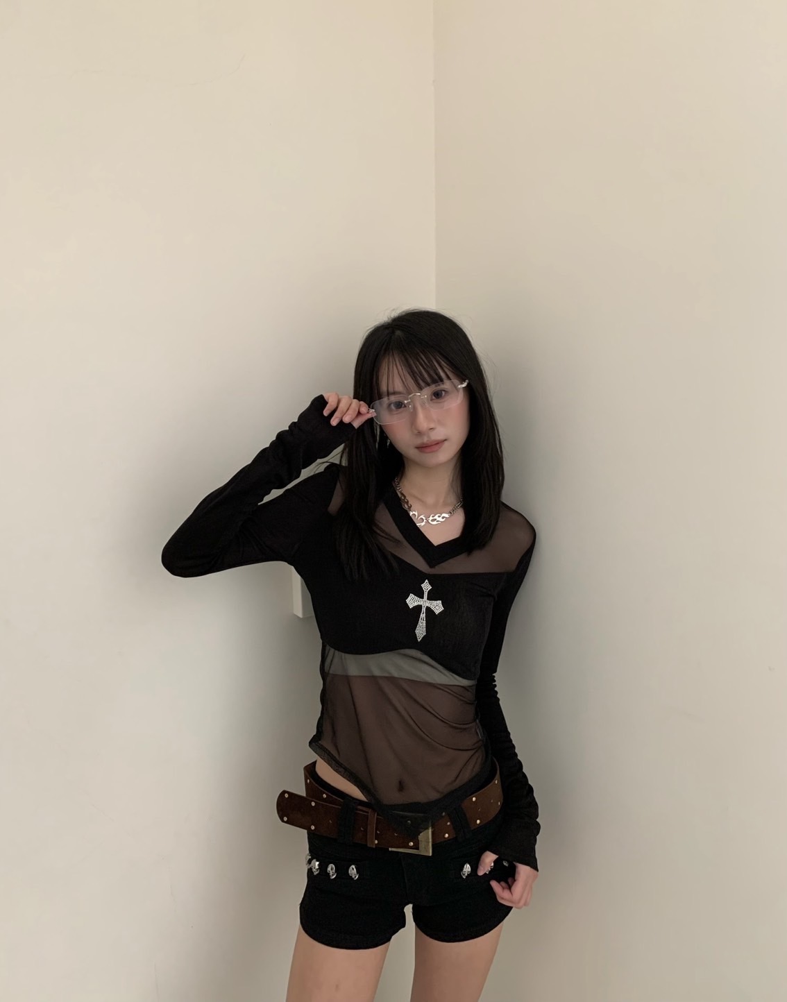 A61 預購十字設計感網紗長袖上衣